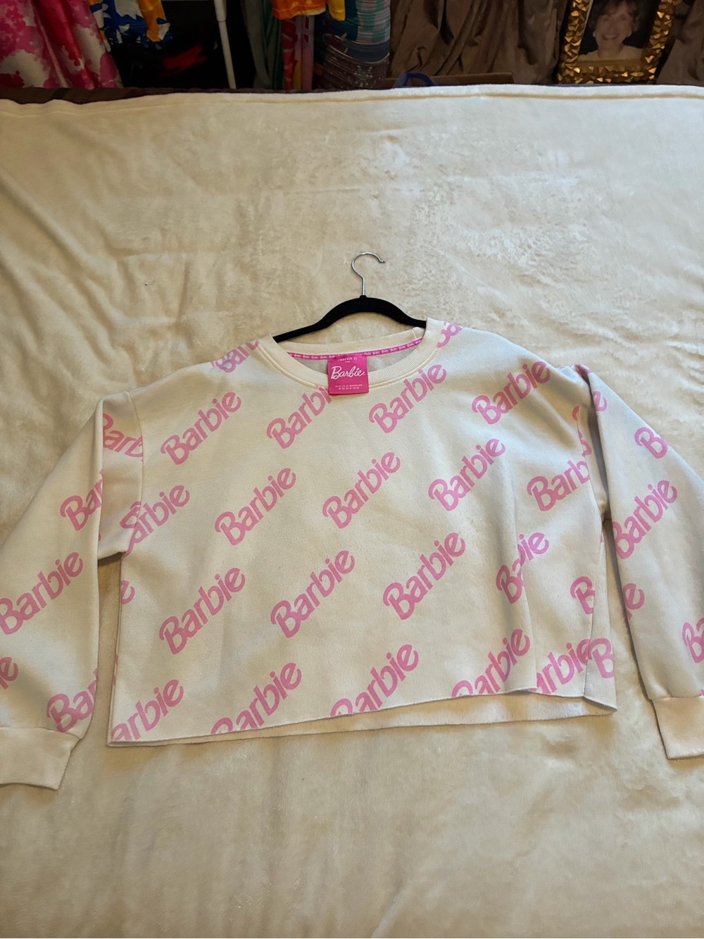 Barbie Cream Crewneck Sweatshirt with Pink Logo Print